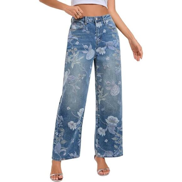NWT ~ Women's Bohemian Wide Leg High Waist Floral Boho Denim Blue Jeans ~ LARGE - Picture 1 of 4